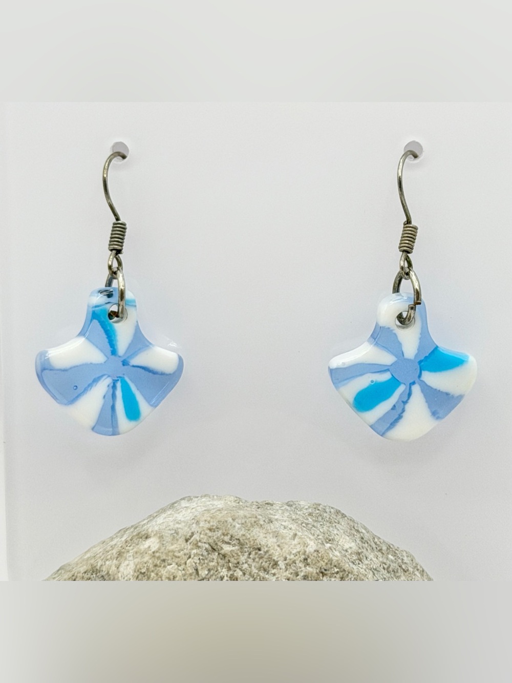 Handmade Blue & White Glass Flower Drop Earrings